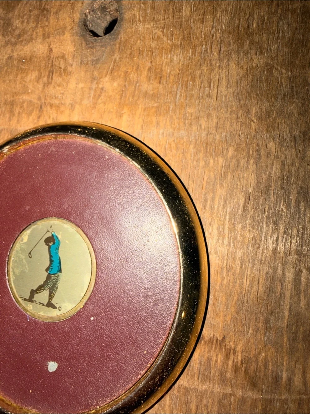 Set of 4 Vintage Golf-Themed Leather & Gold Coasters - Burgundy